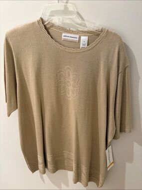 Alfred Dunner Tan Short-Sleeve Knit Top with Embroidered Motif